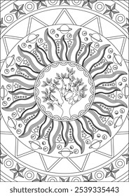 Página de coloração de astrologia mandala para página de coloração de adultos, sol com linha de ornamentos.