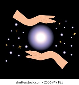 Astrology, metaphysics science. Vector illustration with human hands and glowing ball. Influence of space.