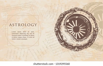 Astrology. Moon and star gate. Renaissance background. Medieval manuscript, engraving art 