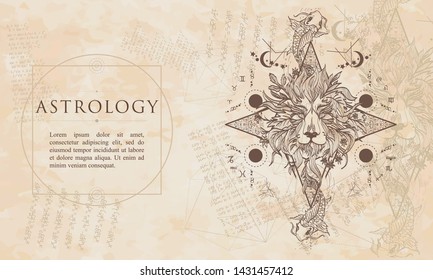 Astrology. Mystic lion and carp, occult concept. Renaissance background. Medieval manuscript, engraving art 