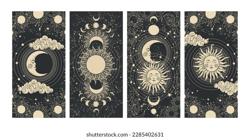 Astrología y misticismo conjunto de afiches celestiales, sol y luna, tarjetas místicas de tarot, ilustraciones de grabado plano, dibujo de líneas sobre fondo negro. Cartel de magia vectorial.