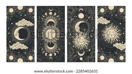 Astrology and mysticism celestial poster set, sun and moon, mystical tarot cards, flat engraving illustrations, line drawing on black background. Vector magic banner.
