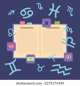 Astrology notebook vector illustration. Zodiac signs in predictions about love, education, wealth, marriage, career. Astrology making life predictable. Fortune telling, horoscope, future concept