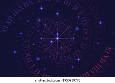 Astrology and numerology concept with zodiac signs and numbers over starry sky