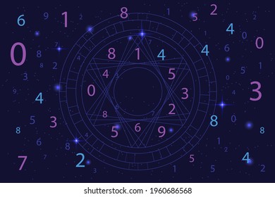 Astrology and numerology concept with zodiac signs and numbers over starry sky