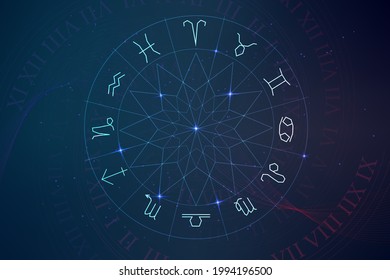 Astrology And Numerology Concept With Zodiac Signs And Numbers Over Starry Sky