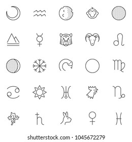 Astrology outline icons set. linear style symbols collection, line signs pack. vector graphics. Set includes icons as crescent moon, aquarius zodiac sign, earth nature element, mercury, virgo 