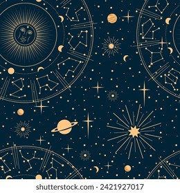 Astrology pattern. Celestial constellation, mystic stars and planets. Esoteric background or wallpaper, astrology vector backdrop, astronomy pattern or zodiac constellations wallpaper