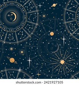 Astrology pattern, celestial constellation, mystic stars and planets. Esoteric background with vector seamless ornament of thin line sun, moon, zodiac or horoscope signs in dark night sky