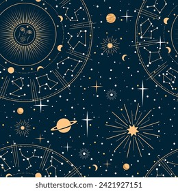 Astrology pattern. Celestial constellation, mystic stars and planets. Esoteric background, astronomy wallpaper or outline vector backdrop, astrology simple pattern with planets and star constellations