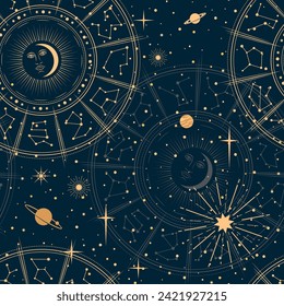 Astrology pattern. Celestial constellation, mystic stars and planets esoteric background. Vector seamless pattern with vintage gold line moon and sun, zodiac or horoscope signs and magic galaxy stars