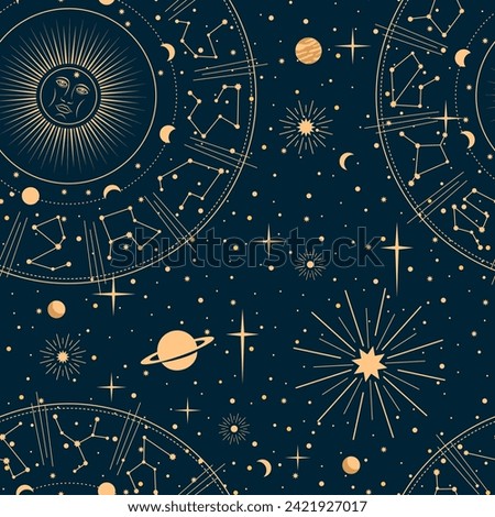 Astrology pattern. Celestial constellation, mystic stars and planets. Esoteric background or wallpaper, astrology vector backdrop, astronomy pattern or zodiac constellations wallpaper