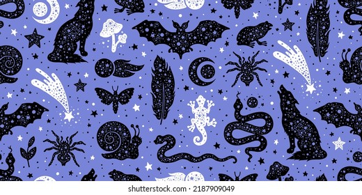 Astrology pattern. Halloween, tarot and zodiac sign seamless vector. Horoscope constellation star pattern with cat spider wolf snake. Universe sky pastel watercolor background. Magic esoteric texture