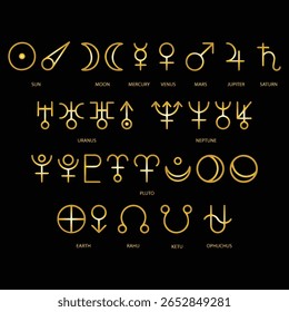 Planetas de Astrologia Símbolos isolados no fundo preto. Cada planeta tem um símbolo único que representa sua energia e influência.