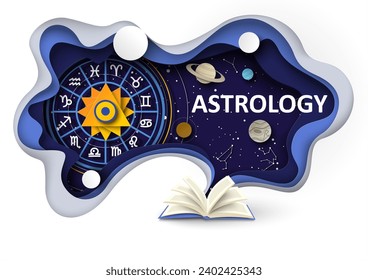 Astrology science banner with opened book and Zodiac signs and constellations over starry open space sky in paper-cut art style. Horoscope prediction vector illustration