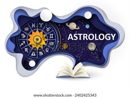 Astrology science banner with opened book and Zodiac signs and constellations over starry open space sky in paper-cut art style. Horoscope prediction vector illustration