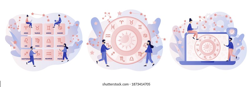 Astrology science concept. Astrological forecast. Zodiac, celestial coordinate system, stars and constellations. Tiny people astrologers reading natal chart. Modern flat cartoon style. Vector