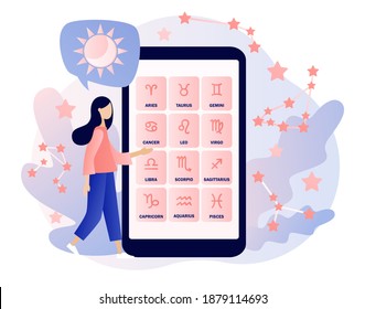 Astrology science concept. Astrological forecast in smartphone app. Zodiac, celestial coordinate system, stars and constellations. Tiny girl astrologers. Modern flat cartoon style. Vector illustration