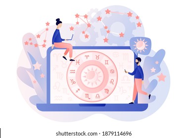 Astrology science concept. Astrological forecast. Zodiac, celestial coordinate system, stars and constellations. Tiny people astrologers reading natal chart online. Modern flat cartoon style. Vector