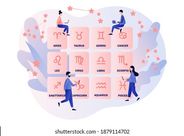 Astrology science concept. Astrological forecast. Zodiac, celestial coordinate system, stars and constellations. Tiny people astrologers. Modern flat cartoon style. Vector illustration 