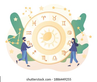 Astrology science concept. Astrological forecast. Tiny people astrologers reading natal chart. Zodiac, celestial coordinate system, stars and constellations. Modern flat cartoon style. Vector