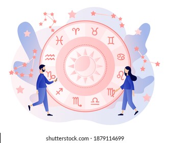 Astrology science concept. Tiny people astrologers reading natal chart. Astrological forecast. Zodiac, celestial coordinate system, stars and constellations. Modern flat cartoon style. Vector