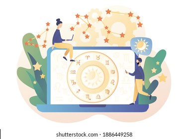 Astrology science concept. Tiny people astrologers reading natal chart online. Astrological forecast. Zodiac, celestial coordinate system, stars and constellations. Modern flat cartoon style. Vector