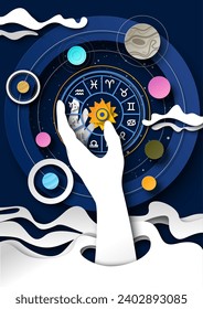 Astrology science creative paper-cut art style vector illustration with human hand of fortune taller or astrologist spinning zodiac circle to predict influence space planet