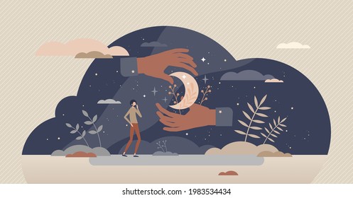 Astrology science and future prediction from sky stars tiny person concept. Pseudoscience and prophecy system using planet location and zodiac knowledge vector illustration. Mystic and esoteric scene.