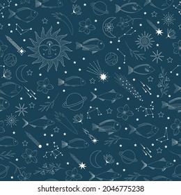 Astrology seamless blue pattern. Celestial design. Vector illustration.
