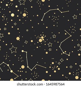 Astrology seamless gold pattern.Abstract space vector background.Pattern with stars and constellation.Textile texture