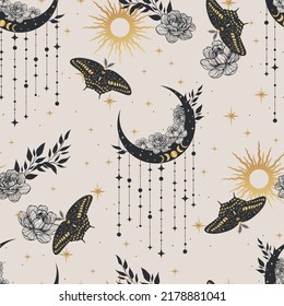 Astrology seamless pattern with crescent and moth. Night butterfly. Design for card, fabric, print, greeting, cloth, poster, clothes, textile.