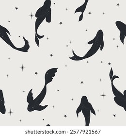 Astrology seamless pattern with fishes in the sky with stars. Mystical background for cards, banner, textile