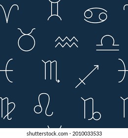 Astrology seamless pattern with flat line icons. White symbols zodiac signs on a blue background