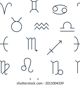 Astrology seamless pattern with flat line icons. Blue symbols zodiac signs on a white background.