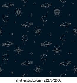Astrologie nahtloses Muster mit Planeten und Sternen im dunklen Galaxienraum