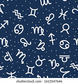 Astrology seamless pattern with white zodiac signs on blue background. Simple flat style background for astrology horoscope predictions. Abstract design of horoscope constellation vector illustration.