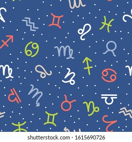 Astrology seamless pattern with zodiac signs on blue background. Simple flat style background for astrology horoscope predictions. Abstract wallpaper of horoscope constellation vector illustration.