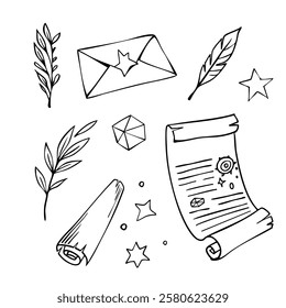 Astrology set with ancient magic manuscripts and herbs. Line art. Black and white sketch. Vector illustration.