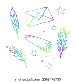 Astrology set with ancient magic scroll, envelope and herbs. Line art. Colorful hand drawn sketch. Vector illustration.