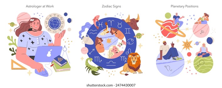 In: Astrology Set. Ein Astrologe analysiert eine Geburtskarte, Tierkreiszeichen vermischen sich, Menschen beschäftigen sich mit Planeten. In: Cosmic Insight and Horoscope Creation. Vektorillustration.