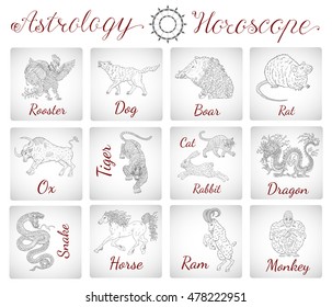 Astrology set with chinese zodiac animals. Asian new year calendar symbols.  Graphic collection of horoscope vector signs. Hand drawn linear illustrations. 