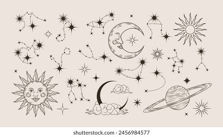 Astrology set. Moon, sun and star. Occult vintage isolated line elements. Cloud and crescent. Esoteric pattern for tarot, tattoo design. Alchemy antique illustration, magic outline icons. Vector print