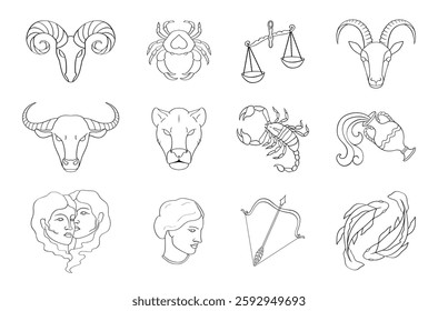 Astrology set. Vector zodiac signs in contour style: Air elements – Gemini, Libra, Aquarius. Fire – Aries, Leo, Sagittarius. Water – Cancer, Scorpio, Pisces. Earth – Taurus, Virgo, Capricorn.