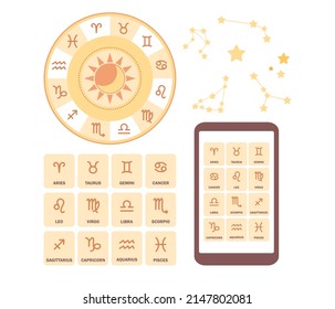 Astrology set. Set of zodiac signs. Constellations icon. Natal chart. Astrological forecast, esoteric, personality research. Vector flat illustration
