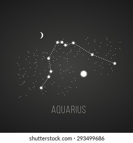 Astrology sign Aquarius on chalkboard background. Zodiac constellation and part of zodiacal system and ancient calendar. Mystic symbol with stars, sun, moon and dots. Western horoscope illustration.