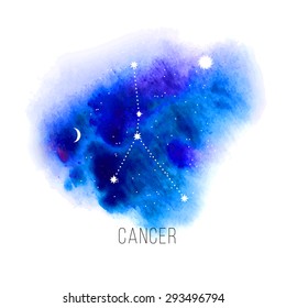 Astrology sign Cancer on blue watercolor background. Zodiac constellation and part of zodiacal system and ancient calendar. Mystic symbol with stars, sun, moon and dots. Western horoscope illustration
