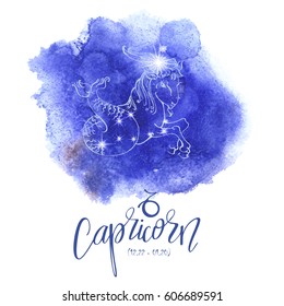 Astrology sign Capricorn on blue watercolor background with modern lettering. Zodiac constellation with  shiny star shapes. Part of zodiacal system and ancient calendar. Part of big collection