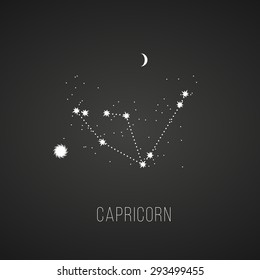 Astrology sign Capricorn on chalkboard background. Zodiac constellation and part of zodiacal system and ancient calendar. Mystic symbol with stars, sun, moon and dots. Western horoscope illustration.