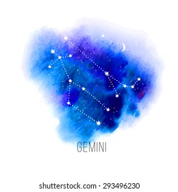 Astrology sign Gemini on blue watercolor background. Zodiac constellation and part of zodiacal system and ancient calendar. Mystic symbol with stars, sun, moon and dots. Western horoscope illustration